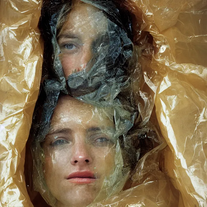 Prompt: a color photograph, closeup portrait of a woman wrapped in plastic, in grand teton national park in wyoming, color photograph, by vincent desiderio, canon eos c 3 0 0, ƒ 1. 8, 3 5 mm, 8 k, medium - format print