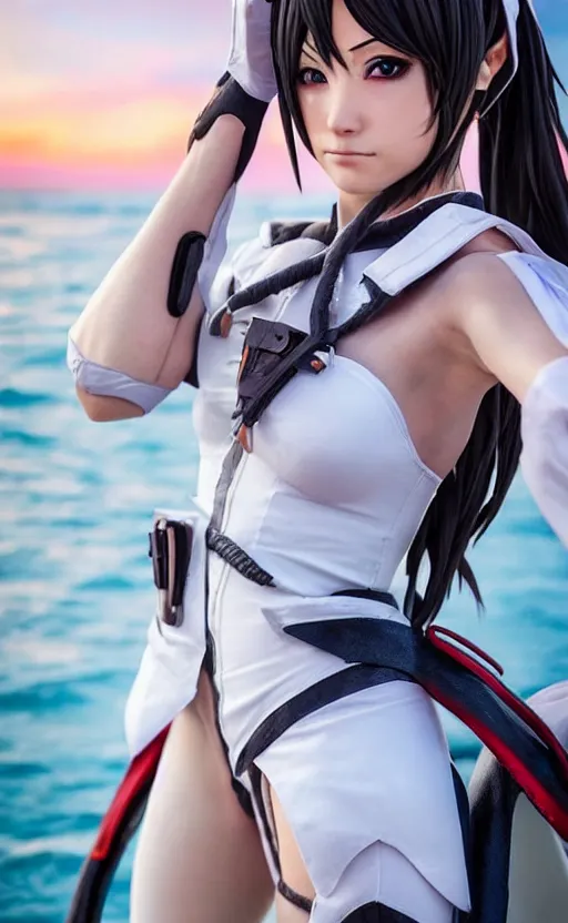 Prompt: highly detailed, high resolution, cosplay photo, octane, stunning, realistic lightning, real sunset, real water, characters from kantai collection, sharp focus, 150mm, trending on facebook, by professional photographer, realistic human anatomy, female sailor uniforms