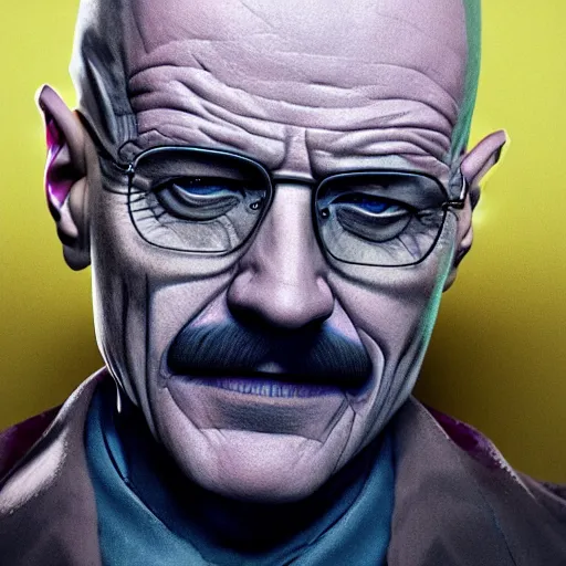 Prompt: walter white as the joker smiling, scary, trending on artstation, artstationhd, octane render, cgsociety, cinema 4 d,, greg rutkowski