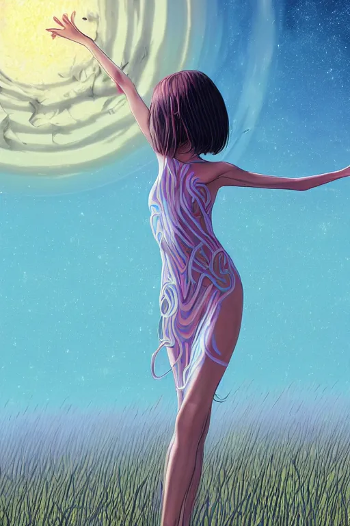 Prompt: full body photograph of an attractive!!!! nervous girl wearing beautiful makeup standing in a field with her arms in the air, by ilya kuvshinov, christine rosamond, binary star system with rings made of intricate fractal!!!! patterns above her in the sky, by moebius, finnian macmanus. 7 0 mm