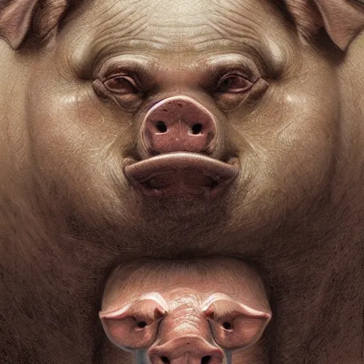 Image similar to anthropomorphic pig, vladimir putin pig hybrid, pig putin face mix, transformation, macabre, horror, by donato giancola and greg rutkowski and wayne barlow and zdzisław beksinski, realistic face, visible face, digital art