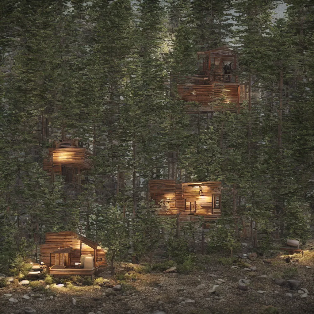 Image similar to octane render cabin in the woods diorama, ultra realistic