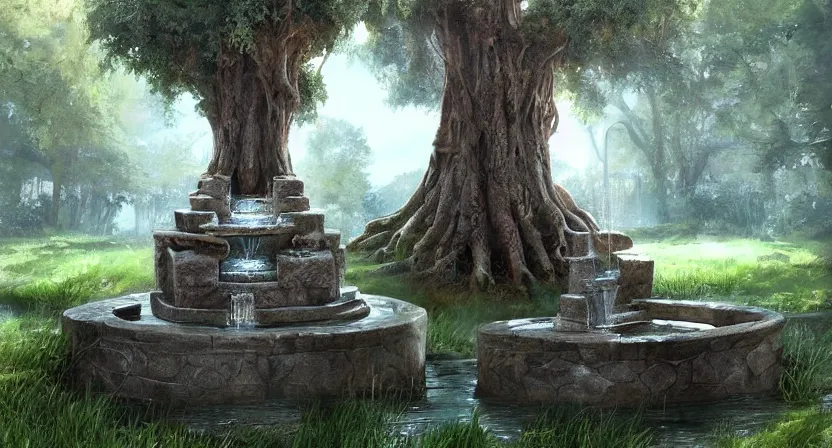 Image similar to a water fountain made out of a tree, concept art by Doug Chiang cinematic, realistic painting, high definition, digital art, symmetrical, very detailed, extremely high detail, photo realistic, concept art, unreal engine 5,