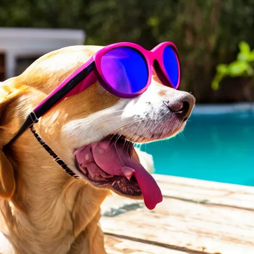 Prompt: photo of dog wearing sunglasses sitting in a pool floater