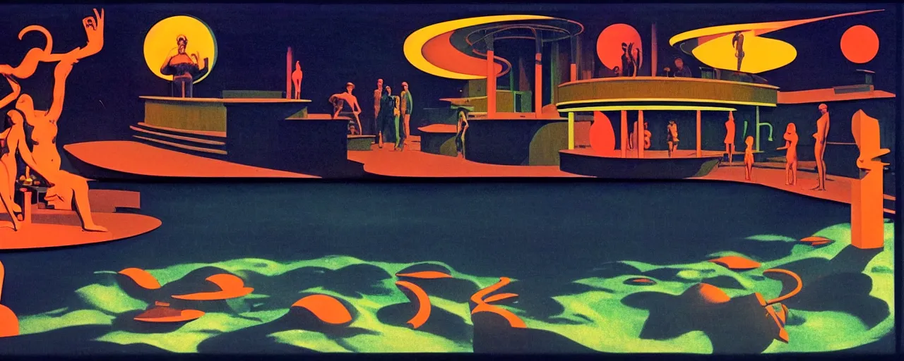 Prompt: 1968 cut out collage, theater stage, neon Greek, dusk on Jupiter, epic theater, deep sea ambience, aquatic plants, film noir, in part by Hale Woodruff, part by Moebius, composition Edward Hopper, written by H. P. Lovecraft