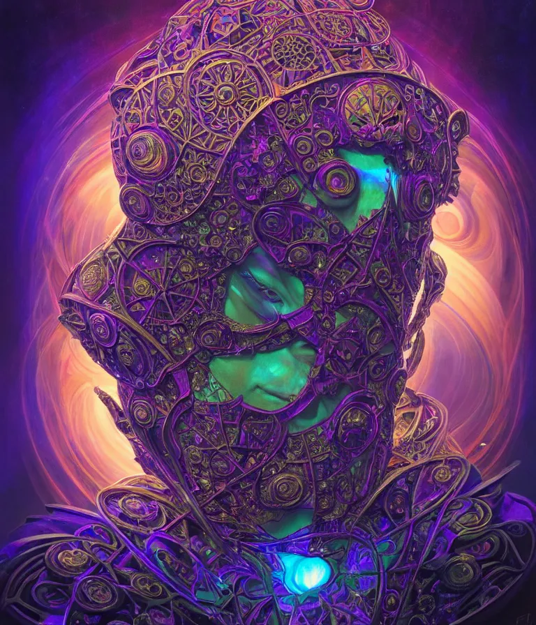 Image similar to front!!! shot of a court jester character, hyperdimensional, bioluminescent hypercubes, dark holography!!!, sunset psychedelic, chrome, (((intricate))), elegant, highly detailed, centered, (((artstation, concept art, smooth, sharp focus, artgerm, Tomasz Alen Kopera, Peter Mohrbacher, donato giancola, Joseph Christian Leyendecker, WLOP, Boris Vallejo))), mugshot!!!!!, ugly!!!!!!, octane render, nvidia raytracing demo, octane render, nvidia raytracing demo, octane render, nvidia raytracing demo, grainy, muted, 8K, digitalblasphemy, metatron