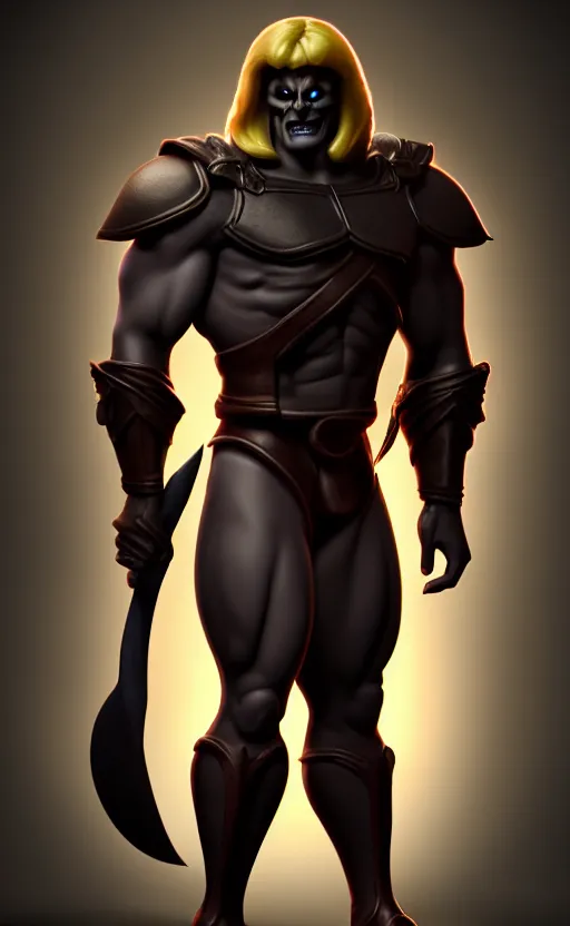 Prompt: Full body centered uncut character pose of mysterious-eerie-ominous He-Man with a dark manner, dark grey shadowy background, softly backlit, professional studio lighting, high detailed, atmospheric, cinematic, Epic, 4k, ultra-detailed, ultra-realistic, colored ZBrush render, artwork by Adam Paquette