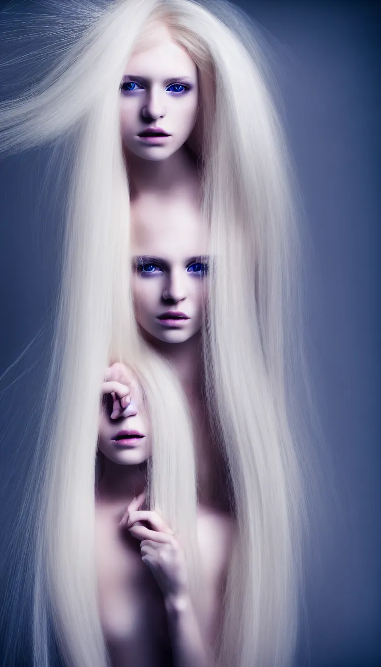 Image similar to photo portrait of a young woman with long blond hair dressed in long white, fine art photography light painting in style of Paolo Roversi, professional studio lighting, dark background, hyper realistic photography, fashion magazine style