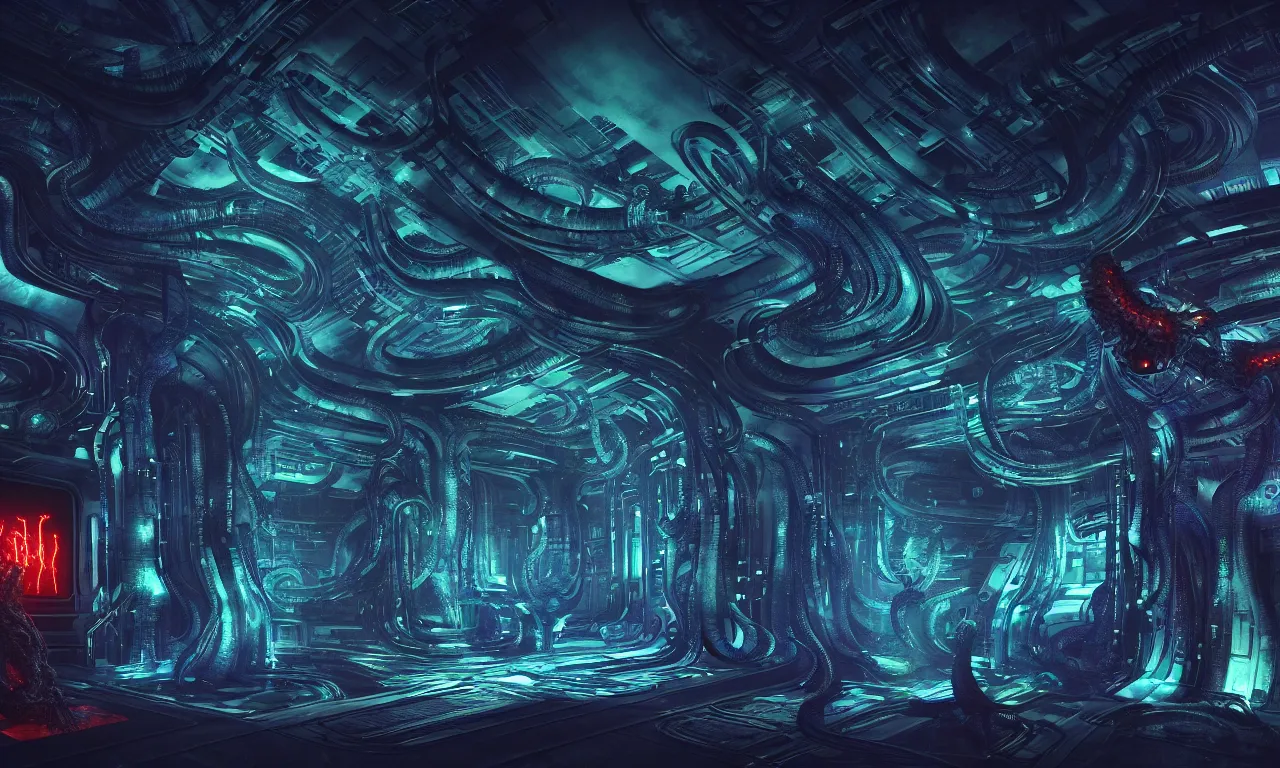 Image similar to Prometheus biological sci-fi environment set, glowing blue control panel, in a nightmarish universe of odd forms and somber tapestry, HR Giger and Vincent Di Fate, vivid color scheme, featured in artstation, octane render, cinematic, elegant, intricate, 8k