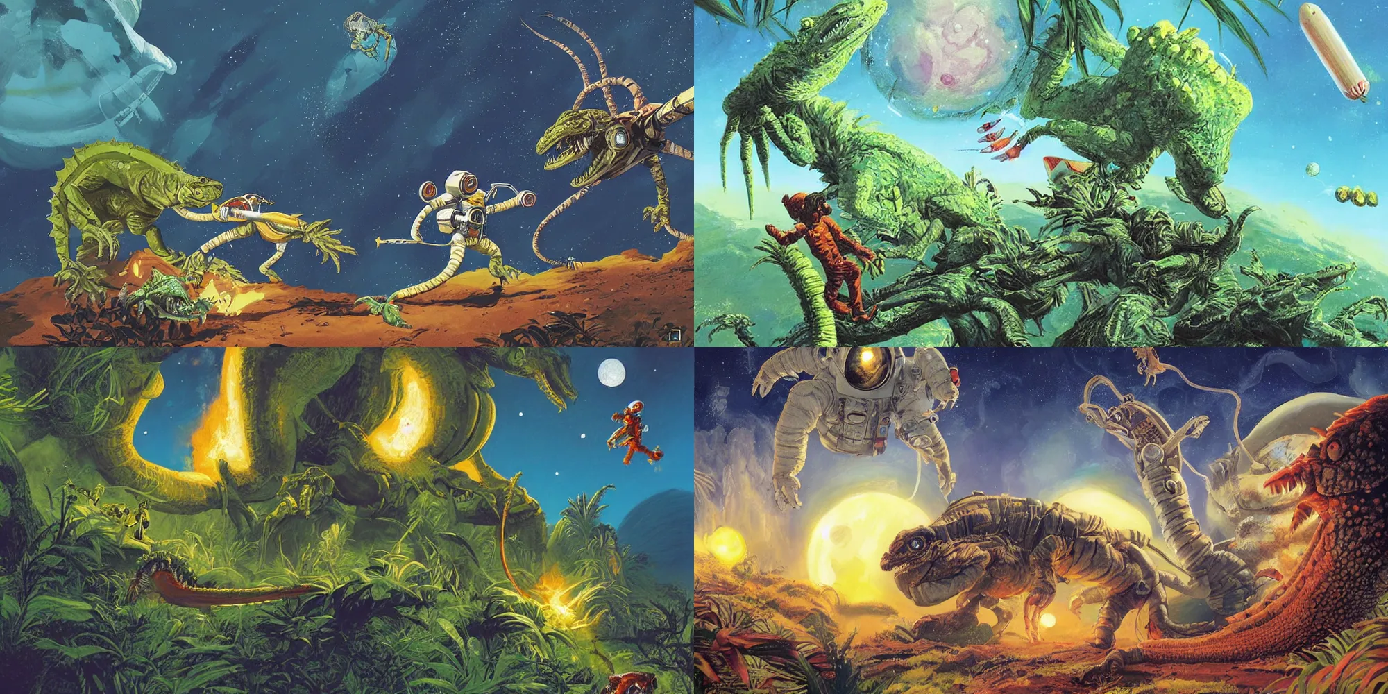 Prompt: a beautiful illustration of an astronaut fighting a lizard monster near a crashed space ship on a strange tropical world by dr. Seuss | sparth:.4 | Tim white:.2 | Rodney Mathews:.1 | Graphic Novel, Visual Novel, Colored Pencil, Comic Book:.2
