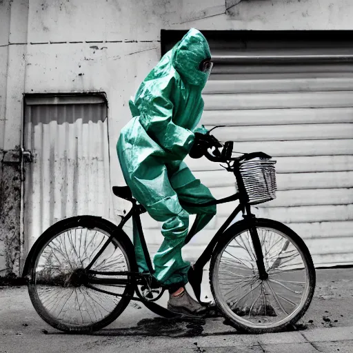 Image similar to a photo of a female wearing a hazmat suit, riding a bike, side-view, smoke in the background, filthy streets, broken cars. Vines growing. Jpeg artifacts. Full-color photo. Color color color color color. Award-winning photo. OM system 12–40mm PRO II 40mm, 1/100 sec, f/2 8, ISO 800