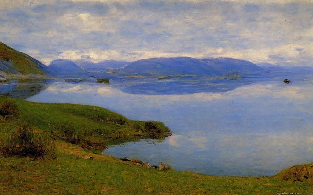 Image similar to a painting of large lake in norway, spring, oil on canvas, by peder severin kroyer
