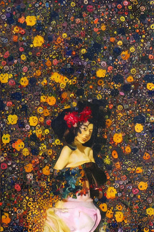 Image similar to hyperrealism with oil painting, 2 0 y. o girl in vintage, style wrapped in flowers and wired in the style of yayoi kusama, by barry lyndon ultra detailed high resolution, 8 0 s print sci fi art