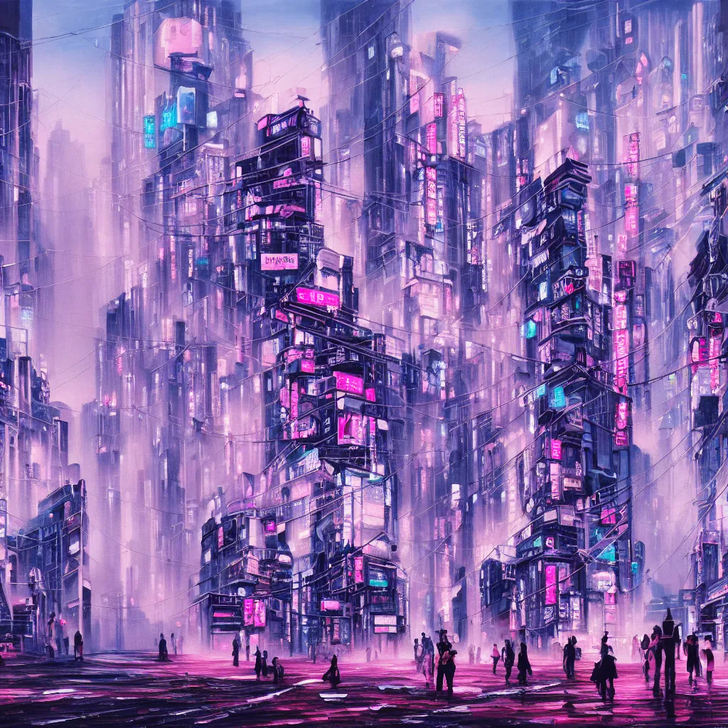Prompt: oil painting of a busy bustling grim cyberpunk metropolis, fuchsia and blue, smog, crowded people occupying buildings and outdoors, tokyo, textured