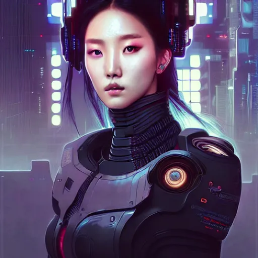 Image similar to portrait painting of cyberpunk hyejin from loona as a drone operator, ultra realistic, concept art, intricate details, eerie, highly detailed, photorealistic, octane render, 8 k, unreal engine. art by artgerm and greg rutkowski and magali villeneuve and alphonse mucha