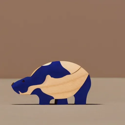 Prompt: a zoomed out studio product shot of a rounded carving of a simplified and smooth hippopotamus made from cherry wood and blue resin, in profile, a catalog photograph