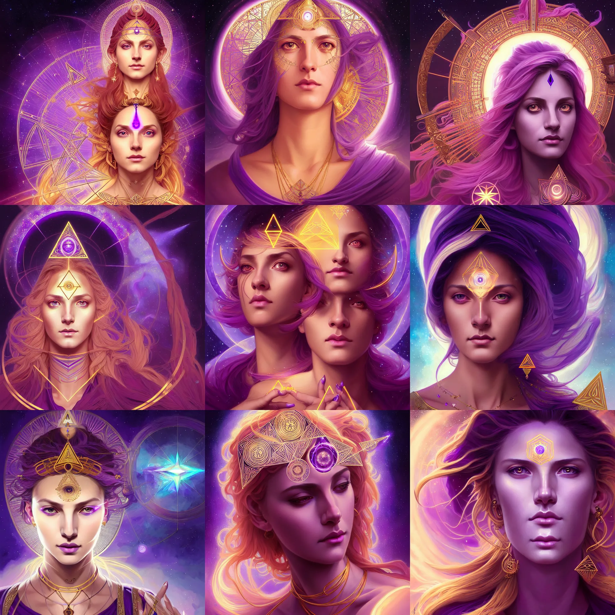 Prompt: portrait of a gallent attractive goddess with glowing purple third eye chakra and golden hair, geometric third eye triangle, sci - fi face, sacred geometry mandal background, breathtaking stars, elegant, highly detailed, digital painting, artstation, concept art, smooth, sharp focus, spiritual art, art by artgerm and greg rutkowski and alphonse mucha, psychedelic