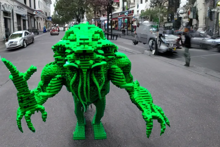 Prompt: Cthulhu, made out of Legos, walking down a city street, photo realistic