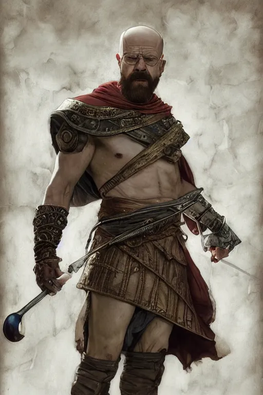 Image similar to Heisenberg as Kratos, highly detailed, digital painting, artstation, concept art, smooth, sharp focus, illustration, ArtStation, art by artgerm and greg rutkowski and alphonse mucha and J. C. Leyendecker and Edmund Blair Leighton and Katsuhiro Otomo and Geof Darrow and Phil hale and Ashley wood and Ilya repin and Charlie Bowater