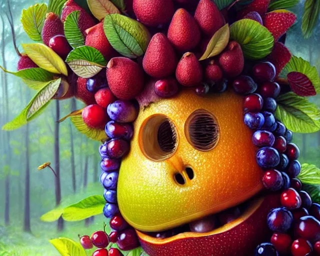 Prompt: a fruit monster made of different fruit, 3 7 1, walking around in forest, detailed mouth, detailed eyes, forest background, trees and flowers, trees in foreground, rays of golden sunlight, oil painting, highly detailed, dramatic lighting, hyperrealistic, smooth, intricate, artstation, cgsociety, by artgerm, by wlop