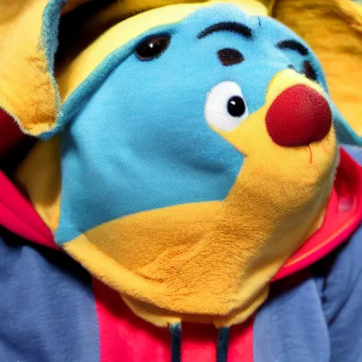 Image similar to a parakeet wearing a Winnie the Pooh hoodie, photo