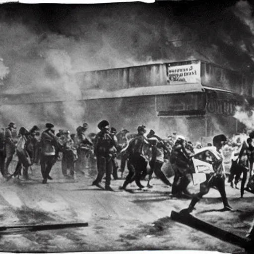 Image similar to silent film image of riot in amazon warehouse