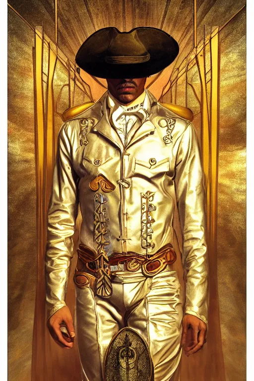 Prompt: a dramatic ethereal epic symmetrical painting of a handsome cowboy in a gold silver outfit | tarot card, art deco, art nouveau, (steampunk), homoerotic, realistic | by Dresden Codak, by Mark Maggiori and ((((Alphonse Mucha))) | trending on artstation