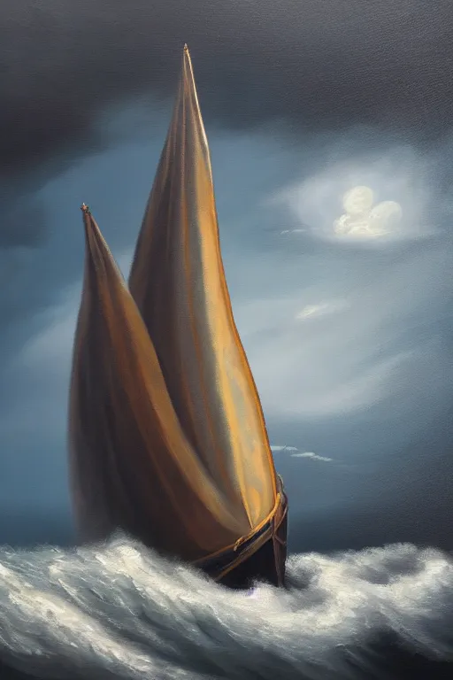 Prompt: an oil painting illustration of sailing boat in huge waves, night, moonlight, dark clouds, dramatic shoot, artstation trending, high quality, no crop, entire person visible, natural light, width 768