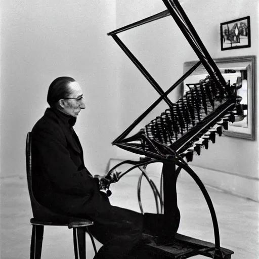 Image similar to filmstill of Marcel Duchamp working on a futuristic machine, long exposure, minimal composition, rule of thirds, archival pigment print