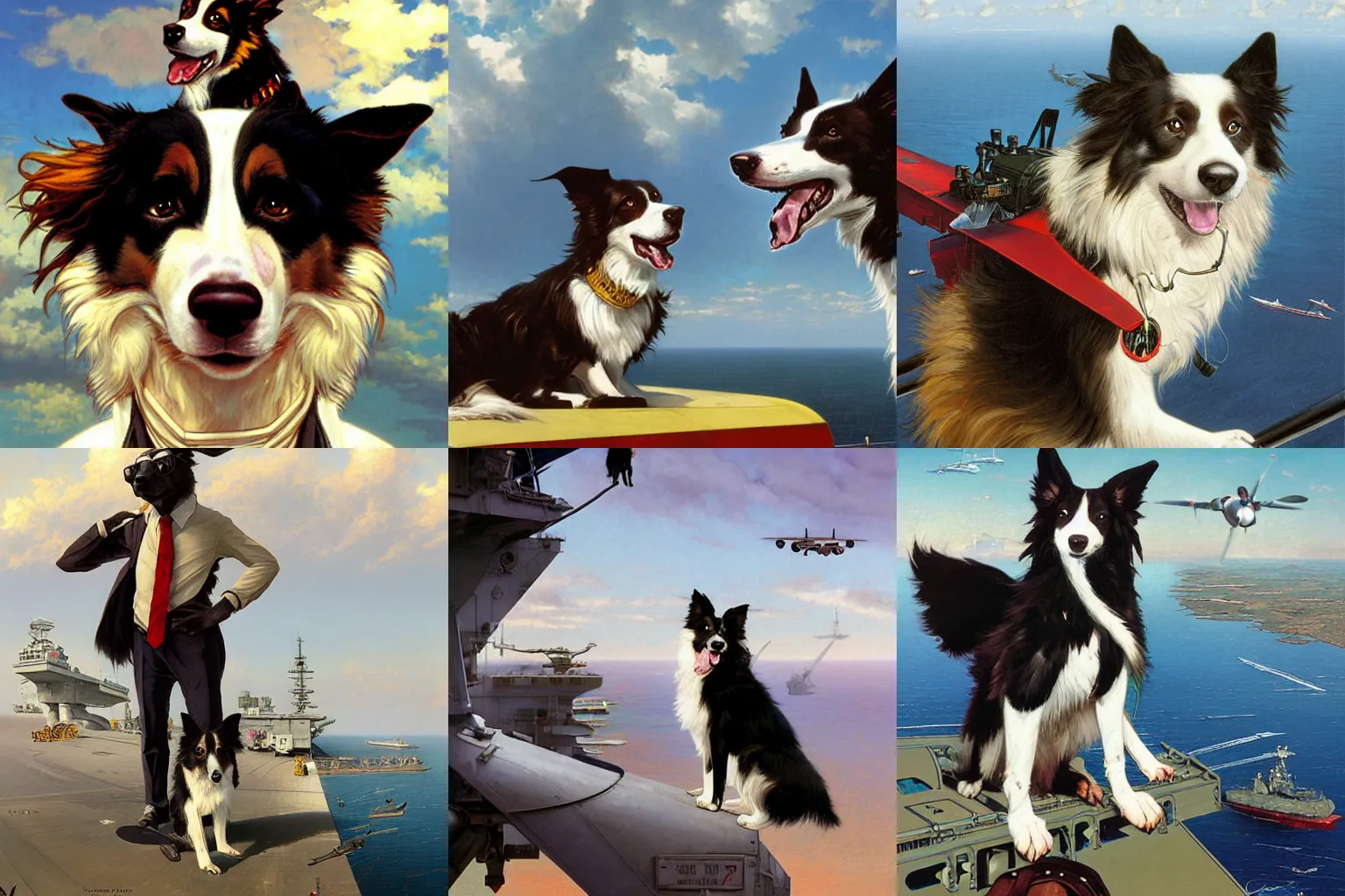 Prompt: furry anthropomorphic border collie aviator standing on an aircraft carrier in front of a propeller airplane. Renowned character illustration by greg rutkowski, thomas kindkade, alphonse mucha, loish, norman rockwell. Trending on furaffinity. Digital Art.