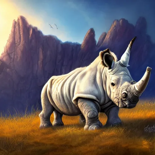 Prompt: digital painting of a fuzzy, white rhinoceros posing triumphantly on a craggy rock promontory at sunrise, highly detailed, painted in the style of sam nielson, world of warcraft art