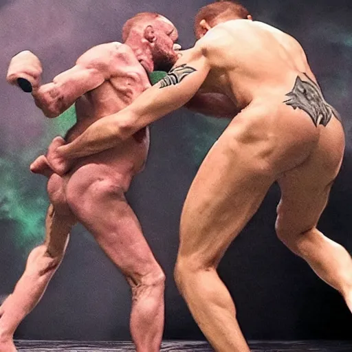 Image similar to gollum smeagol wrestling with conor mcgregor, ultra detailed, ultra realistic