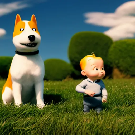 Image similar to tintin and his tiny white fox terrier, depicted as a pixar character, high quality cg render, 8 k