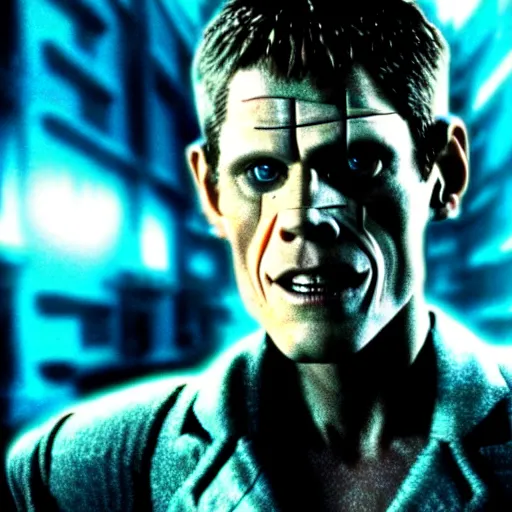 Image similar to william dafoe as a cyborg in a cyberpunk story in a distopic futuristic city in the style of bladerunner, movie still, highly detailed