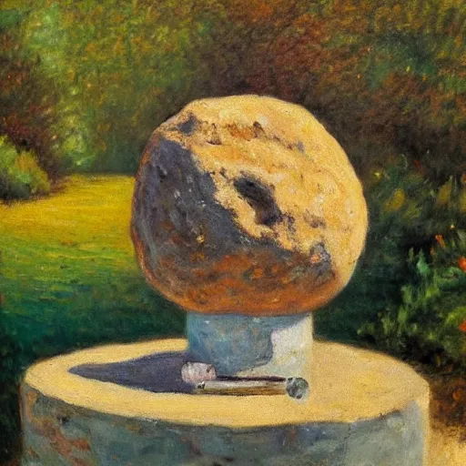 Prompt: impressionist painting of a round boulder on a pedestal smoking a cigarette, brown background