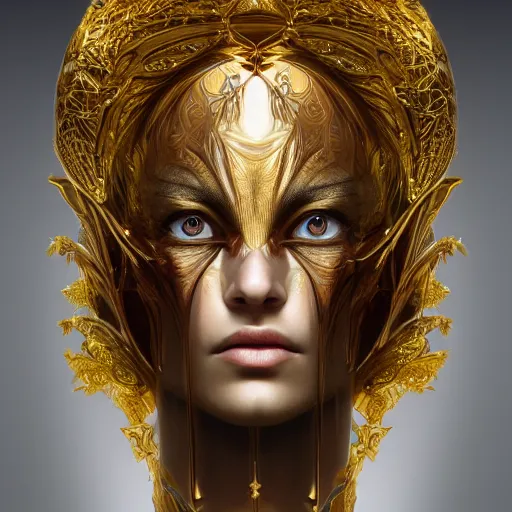 Prompt: a beautiful symmetrical face made of golden ornaments by alex gray and android jones , Karol Bak, Ayami Kojima, Amano , 3D, 8k resolution