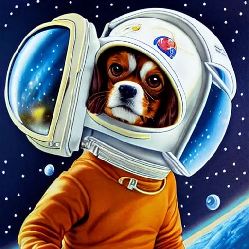 Image similar to cavalier king charles spaniel, wearing an astronaut helmet, on the moon, art by artgerm and david a hardy