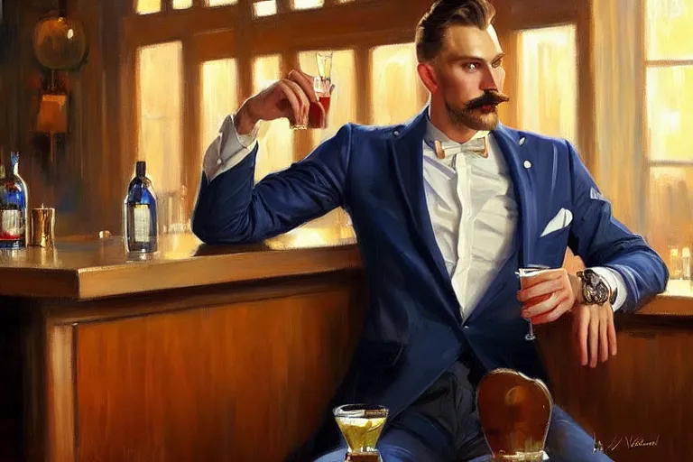 Prompt: attractive man sitting in a bar, painting by vladimir volegov, j. c. leyendecker, tom of finland, trending on artstation