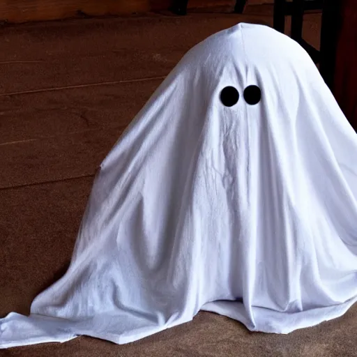 Prompt: bedsheet ghost, spooky, cheesy costume