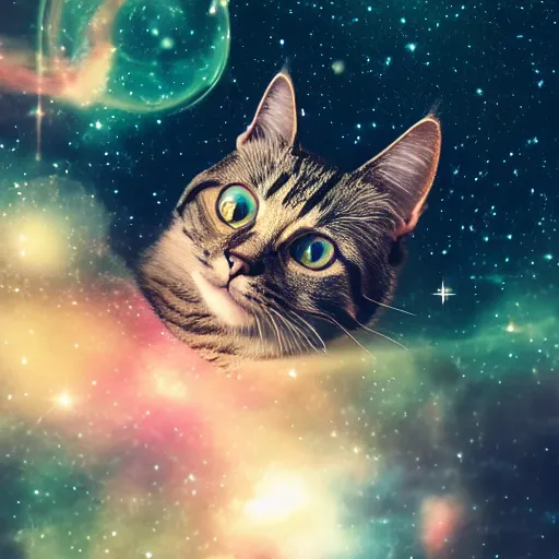 Image similar to cat floating in heavenly cosmic space, dark and magical, shallow depth of field, award - winning 4 k photography