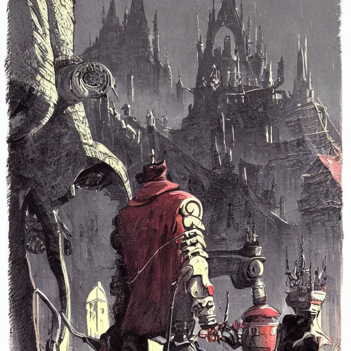 Image similar to a hunter from bloodborne vs robot in yharnam, style by retrofuturism, faded red and yelow, by malcolm smith, old comics in city, nicholas roerich, katinka reinke