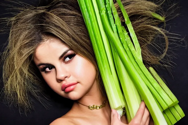 Image similar to selena gomez made out of celery, a human face with celery for hair, celery in the shape of a human face, a bunch of celery sitting on a cutting board, professional food photography