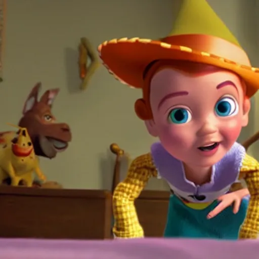 Image similar to a film still of a little witch in toy story 3