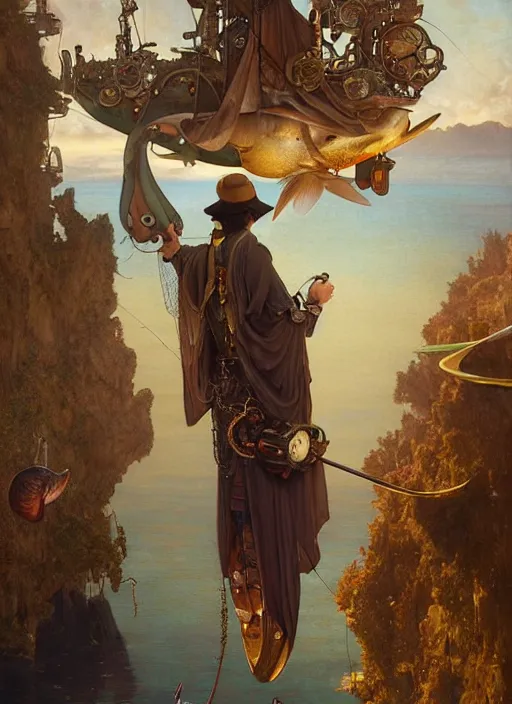 Image similar to hyper realistic fisherman, birds eye view, magical, gems, jewels, gold, steampunk, cyberpunk utopia, painted by tom bagshaw, mucha, gaston bussiere, craig mullins, j. c. leyendecker 8 k