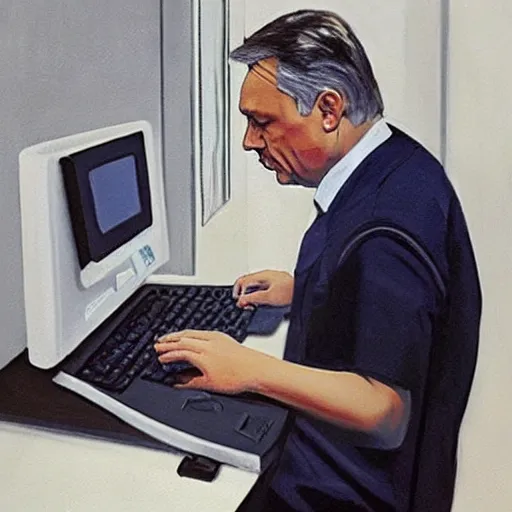 Image similar to viktor orban programming a computer in a cubicle, oil painting