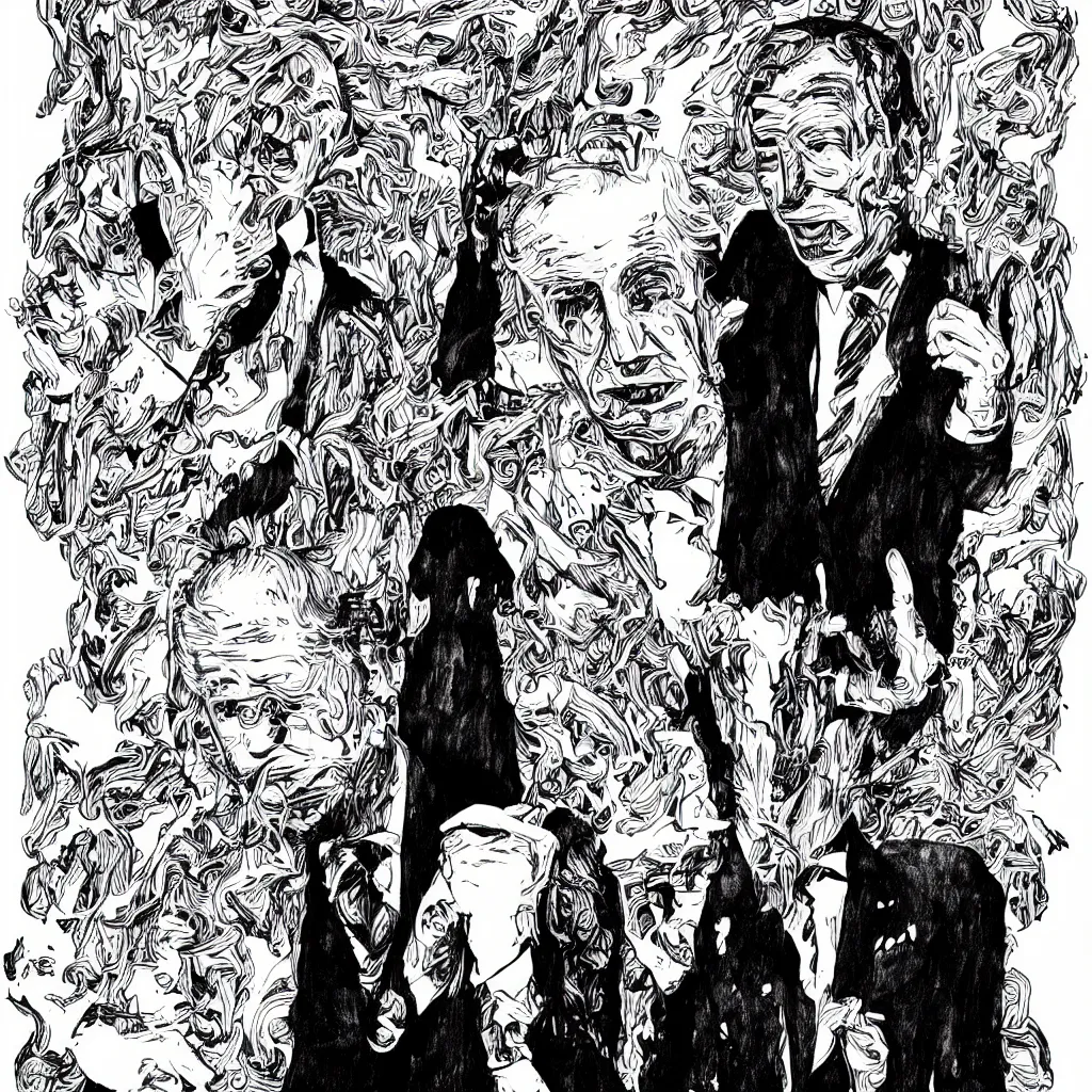 Image similar to Joe Biden full body portrait, body horror, black and white Illustration by Junji Ito