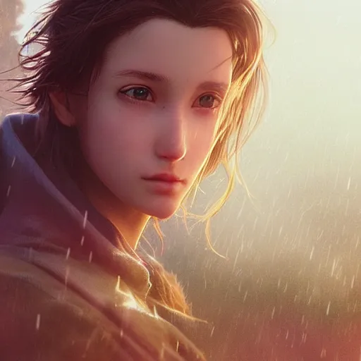 Image similar to beautiful aerith gainsborough, face centered portrait, confident, fog, rain, volumetric lighting, beautiful, golden hour, sharp focus, ultra detailed, cgsociety by leesha hannigan, ross tran, thierry doizon, kai carpenter, ignacio fernandez rios