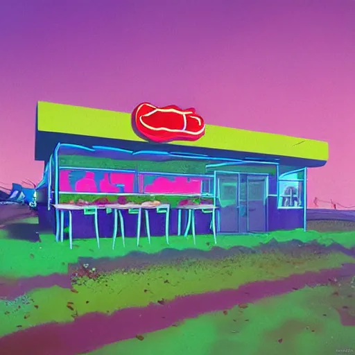 Image similar to psychedelic fast food restaurant near the beach by simon stalenhag