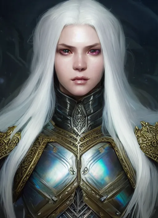 Image similar to light iridescent armor!!! long wild white hair!! covered chest!!! fantasy, d & d, intricate ornate details, digital painting, pretty face!!, symmetry, concept art, sharp focus, illustration, art by artgerm! greg rutkowski magali villeneuve wlop! ilya kuvshinov!!, octane render