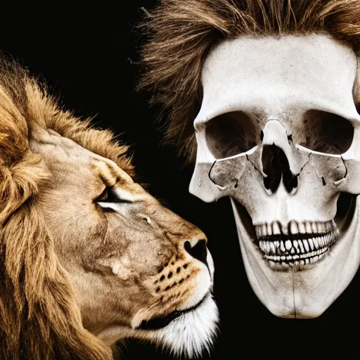 Image similar to a photography of a lion skull kissing a young male human skull, detailed, 4k